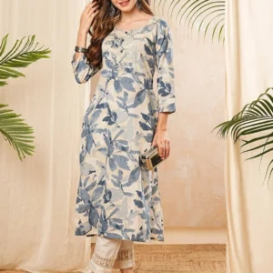 PHYSIL Floral Printed Round Neck Thread Work Straight Cotton Kurta